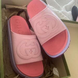 Gucci platform slides 
Just need to be wiped down. 
Worn 3x